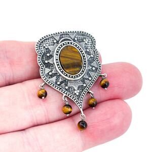 Vintage Sterling Silver 925 4.5cm Shield Shaped Tiger’s Eye Dangle Pendant